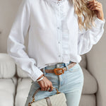 Zeagoo Ruffle Trim Button Front Shirt Regular Fit Long Sleeve Work Blouse