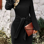 Zeagoo Women's Casual Long Lantern Sleeve Bodycon Dress Tie Waist Rib Knitted Sweater Dresses