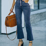 Zeagoo Buckle Design High-waisted Micro-flared Jeans Casual Cropped Pants