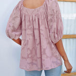 Zeagoo Quare Neck Babydoll Tops 3/4 Puff Sleeve Lace Blouse Summer Floral Textured Shirts
