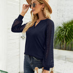Zeagoo V Neck Tops Solid Color Blouse Long Sleeve Pullover Lace Patchwork Shirt