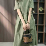 Zeagoo Women's Crew Neck Cotton Linen Plain Dress Casual Loose Short Sleeve Sundress with Pockets
