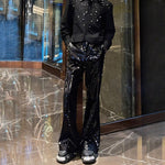 Heavy Sequined PU Metal Rivet Flared Pants
