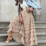 Zeagoo Women's A-Line Patchwork Mesh Cake Skirt Casual Solid Color High Waist Loose Ruffled Pleated Long Tulle Skirt