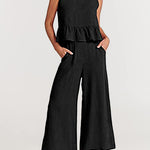Zeagoo 2 Piece Outfits Sleeveless Ruffle Tank Crop Top and Wide Leg Pants Lounge Set with Pockets