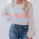 Zeagoo Contrast Color Top Leopard Print Round Neck Long Sleeve Sweatshirt