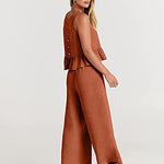 Zeagoo 2 Piece Outfits Sleeveless Ruffle Tank Crop Top and Wide Leg Pants Lounge Set with Pockets