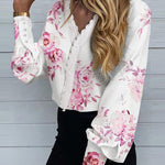 Zeagoo Print V Neck Lace Long Sleeves Shirt Blouse Button Loose Tunic Top
