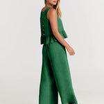 Zeagoo 2 Piece Outfits Sleeveless Ruffle Tank Crop Top and Wide Leg Pants Lounge Set with Pockets