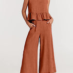 Zeagoo 2 Piece Outfits Sleeveless Ruffle Tank Crop Top and Wide Leg Pants Lounge Set with Pockets