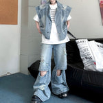 Distressed Collar Loose Denim Vest and Ripped Denim Trousers Suit