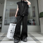 Stand-up Collar Zipper Denim Vest and Trousers Two-piece Set