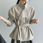 Striped Stand Collar Tie-Waist Long Sleeve Shirt