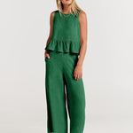Zeagoo 2 Piece Outfits Sleeveless Ruffle Tank Crop Top and Wide Leg Pants Lounge Set with Pockets