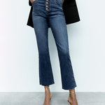 Zeagoo Buckle Design High-waisted Micro-flared Jeans Casual Cropped Pants