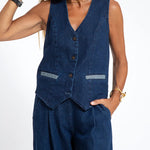 Zeagoo Casual Denim Two-piece Set Sleeveless Vest and Long Wide-leg Jeans Pants