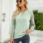 Zeagoo V Neck Tops Solid Color Blouse Long Sleeve Pullover Lace Patchwork Shirt
