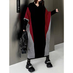 Women's Contrast Panel Loose Batwing Sleeve V Neck Knitted Dress