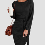 Zeagoo Women's Casual Long Lantern Sleeve Bodycon Dress Tie Waist Rib Knitted Sweater Dresses