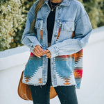 Zeagoo Aztec Lapel Long Sleeve Retro Western Denim Jacket