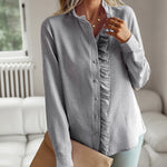 Zeagoo Ruffle Trim Button Front Shirt Regular Fit Long Sleeve Work Blouse