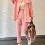 Zeagoo Double Crepe Loose Oversized Lapel Long Sleeve Shirt Casual Pants Set