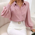 Zeagoo V Neck Crinkle Crepe Lantern Sleeves Shirt Top Button-Down Loose Blouse