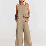 Zeagoo 2 Piece Outfits Sleeveless Ruffle Tank Crop Top and Wide Leg Pants Lounge Set with Pockets