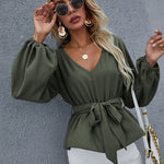 Zeagoo V Neck Leisure Long Lantern Sleeve Belt Solid Shirt Tops