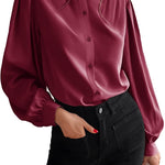 Women's Silk Button Down Shirts V Neck Long Sleeve Casual Work Office Blouse Top - Zeagoo (Us Only)