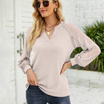 Zeagoo V Neck Tops Solid Color Blouse Long Sleeve Pullover Lace Patchwork Shirt