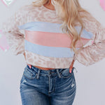 Zeagoo Contrast Color Top Leopard Print Round Neck Long Sleeve Sweatshirt