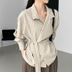 Striped Stand Collar Tie-Waist Long Sleeve Shirt