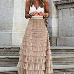 Zeagoo Women's A-Line Patchwork Mesh Cake Skirt Casual Solid Color High Waist Loose Ruffled Pleated Long Tulle Skirt