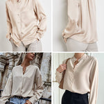 Women's Silk Button Down Shirts V Neck Long Sleeve Casual Work Office Blouse Top - Zeagoo (Us Only)