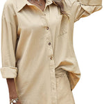 Women Two Piece Outfits Lounge Sets Cotton Long Sleeve Shirts and High Waisted Mini Shorts With Pockets - Zeagoo (Us Only)