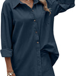 Women Two Piece Outfits Lounge Sets Cotton Long Sleeve Shirts and High Waisted Mini Shorts With Pockets - Zeagoo (Us Only)