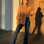 Women Corduroy Shirts Long Sleeve Button Down Shacket Jacket Ruffle Blouses Top S-XXL - Zeagoo (Us Only)