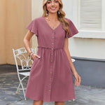 Zeagoo Button Down Flutter Sleeve Cotton Linen Dress with Pockets