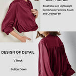 Women's Silk Button Down Shirts V Neck Long Sleeve Casual Work Office Blouse Top - Zeagoo (Us Only)