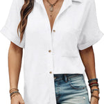 Zeagoo Linen Shirts Cotton Short Sleeve V Neck Collared Blouses