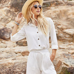 Women Two Piece Outfits Lounge Sets Cotton Long Sleeve Shirts and High Waisted Mini Shorts With Pockets - Zeagoo (Us Only)