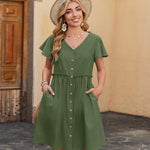 Zeagoo Button Down Flutter Sleeve Cotton Linen Dress with Pockets