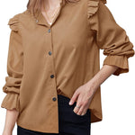 Women Corduroy Shirts Long Sleeve Button Down Shacket Jacket Ruffle Blouses Top S-XXL - Zeagoo (Us Only)