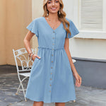 Zeagoo Button Down Flutter Sleeve Cotton Linen Dress with Pockets