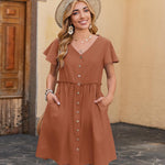 Zeagoo Button Down Flutter Sleeve Cotton Linen Dress with Pockets