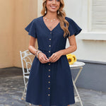 Zeagoo Button Down Flutter Sleeve Cotton Linen Dress with Pockets