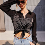 Womens V Neck Button Down Shirts Satin Silk Blouse Mesh Long Sleeve Casual Work Tops - Zeagoo (Us Only)