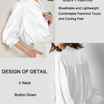 Women's Silk Button Down Shirts V Neck Long Sleeve Casual Work Office Blouse Top - Zeagoo (Us Only)