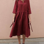 Zeagoo Women's Cotton And Linen V-Neck Lace up Pocket 3/4 Length Sleeve Summer Dresses